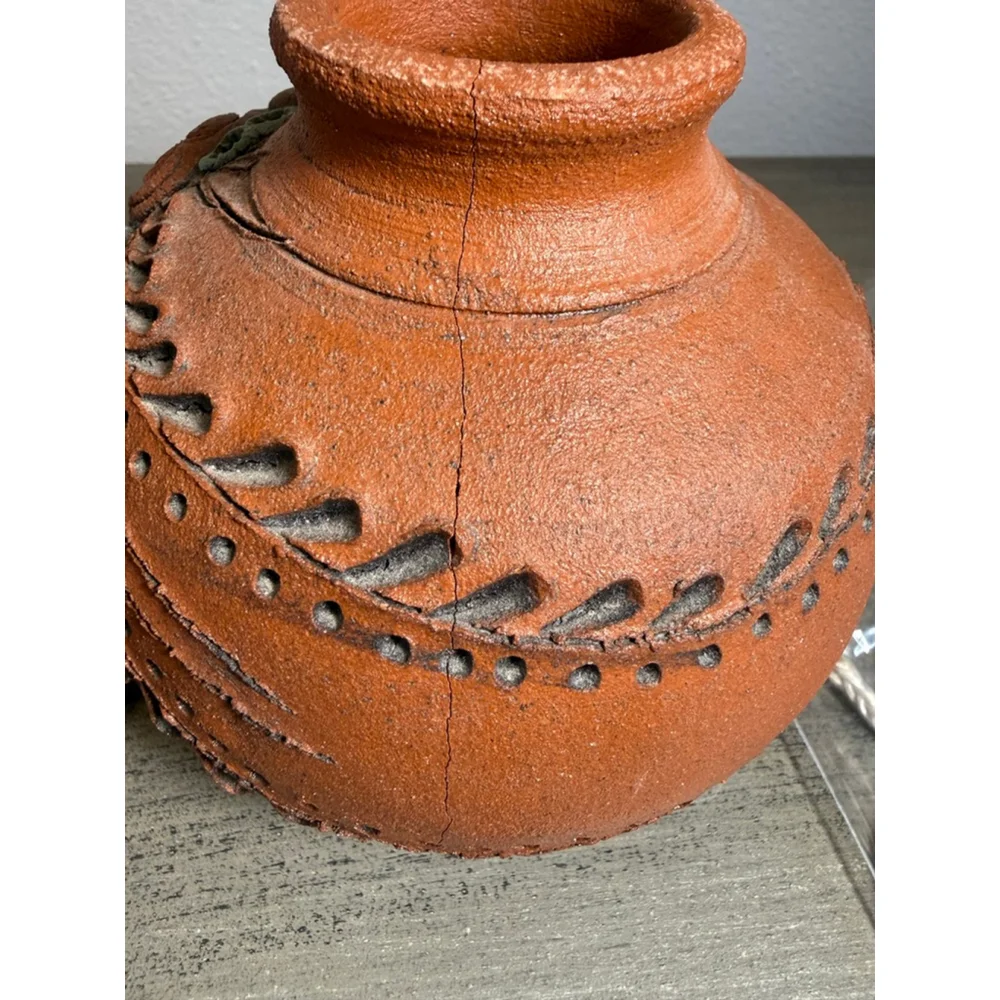 Signed Studio Pottery Oil Lamp 2001 Handmade Terracotta Floral – Decorative Only